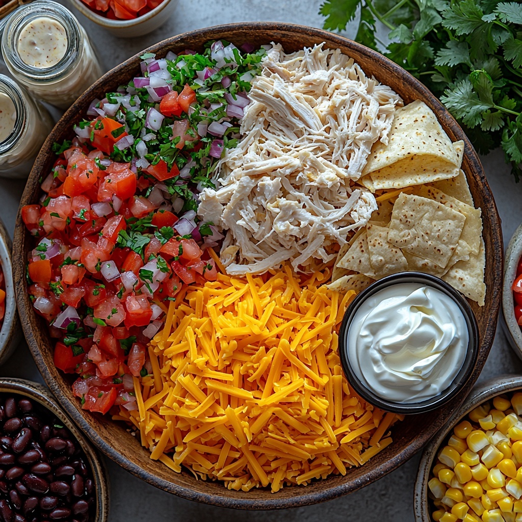 7- rotisserie shredded chicken in a rustic bowl, block of cream cheese at room temperature on a small wooden board, sharp cheddar cheese shredded heap with vibrant orange color, black beans glossy and rinsed in a white ceramic dish, sweet corn bright yellow kernels in a small glass bowl, diced tomatoes drained showing rich red and juicy texture in a clear container, colorful fresh pico de gallo with chopped tomatoes, onions, cilantro and jalapeños in a small bowl, golden flour tortillas stacked neatly with soft texture, scattered taco seasoning giving a warm reddish-brown powder accent, cooking spray bottle with subtle shine nearby, dollops of sour cream creamy white in a small ramekin, all ingredients arranged neatly on a clean white surface with natural light highlighting vivid colors and contrasting textures, minimal shadows, fresh and inviting atmosphere, overhead shot, top down view, flat lay photography, professional food styling --ar 1:1 --q 2 --s 750 --v 6.1