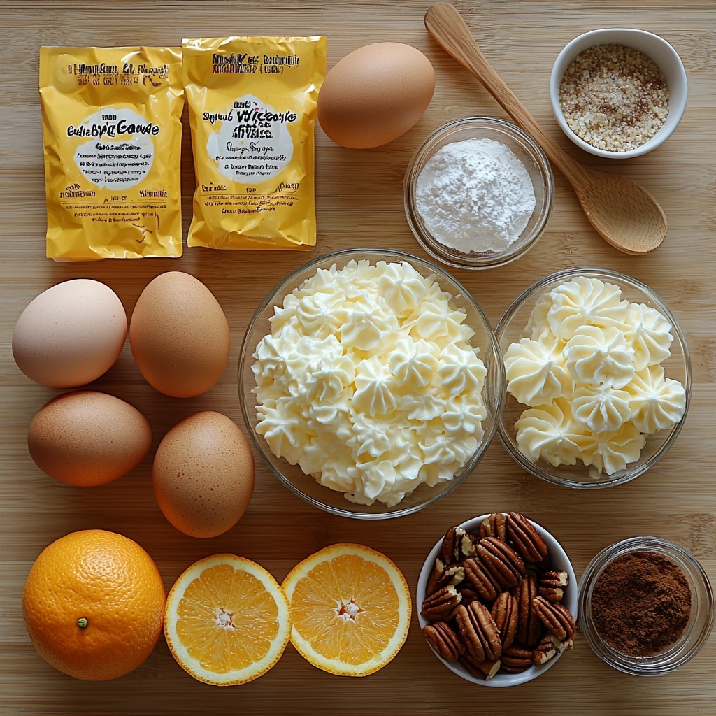 8- a flat lay of all the main ingredients for a cake mix coffee cake arranged neatly on a clean, light wood surface: a bright yellow package of Betty Crocker yellow cake mix beside a small 3.4-ounce package of instant vanilla pudding mix in white and cream packaging; a small glass bowl filled with smooth, creamy sour cream showcasing its thick, white texture; four large brown eggs with a natural matte finish placed in a line; a small glass measuring cup with translucent golden vegetable oil glistening in the light; a glass bottle of vanilla extract with a dark amber liquid inside; a fresh orange, halved to show its vibrant orange juicy flesh, alongside a small bowl of freshly grated orange zest piled loosely with bright orange color; a small white bowl containing roughly chopped pecans showing their rich brown, textured surfaces; a tiny bowl holding light brown sugar with soft, crumbly texture; a wooden spoon dusted with warm cinnamon powder creating soft fine mounds; and a small bowl of pure white powdered sugar with a fine, powdery surface—everything carefully spaced with natural light casting soft shadows, minimalistic styling with some rustic linen and neutral-toned wooden utensils nearby for contrast, emphasizing warm, cozy, homely colors and inviting textures, overhead shot, top down view, flat lay photography, professional food styling --ar 1:1 --q 2 --s 750 --v 6.1