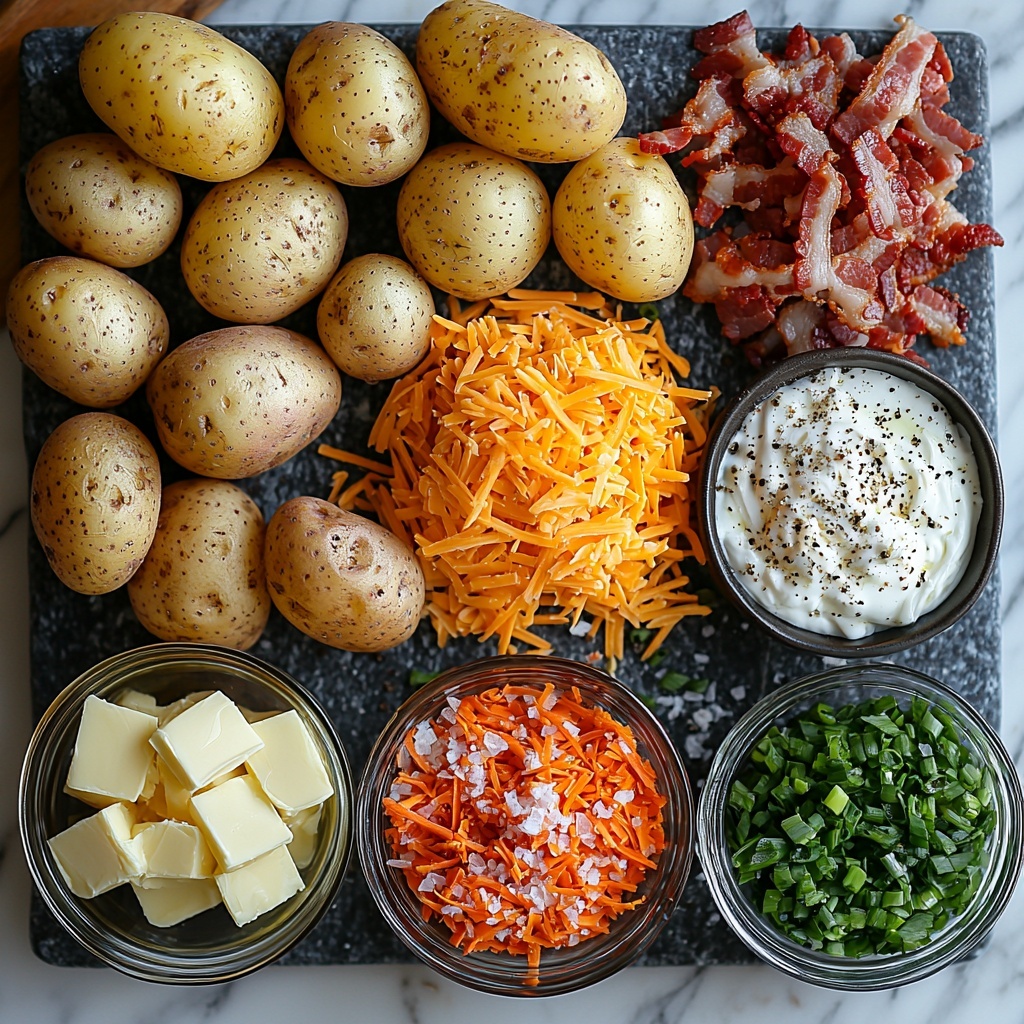 9- 4 medium russet potatoes with rough brown skin, a small bowl of melted golden butter, a glass dish with rich amber olive oil, scattered coarse salt crystals and fresh cracked black peppercorns, a heap of bright orange shredded sharp cheddar cheese, crispy crumbled bacon pieces with reddish-brown and smoky textures, a small pile of finely chopped vibrant green onions, and a rustic bowl filled with smooth white sour cream, all carefully arranged on a clean white marble surface. The ingredients are spaced evenly to showcase contrasting colors and textures, with natural soft daylight highlighting the freshness and richness of each element. Minimal shadows, subtle reflections on the bowls, and a hint of rustic kitchen linen partially visible at the edge to add warmth and context. Overhead shot, top down view, flat lay photography, professional food styling --ar 1:1 --q 2 --s 750 --v 6.1