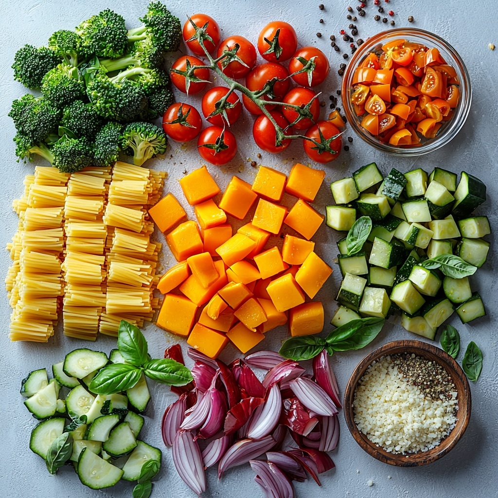 11- a clean white surface neatly arranged with raw ingredients for pasta with roasted vegetables: uncooked golden yellow spaghetti and penne pasta piled in an elegant small heap, vibrant green broccoli florets clustered in a small pile, bright red cherry tomatoes halved showing juicy interiors, glossy deep red bell pepper slices fanned out, fresh green zucchini slices laid in a row, finely chopped purple-red onion scattered artfully, several small peeled garlic cloves placed near a drizzle of rich golden olive oil in a glass container, small rustic bowls containing dried oregano, salt, black pepper, and crushed red pepper flakes with visible textures, a small dish of finely grated pale yellow Parmesan cheese, fresh green basil leaves scattered around for color contrast; natural soft lighting highlighting the vivid colors and fresh textures, minimal shadows, perfectly balanced composition with negative space to emphasize ingredients, subtle rustic props like a wooden spoon or linen napkin placed out of focus to add warmth, overhead shot, top down view, flat lay photography, professional food styling --ar 1:1 --q 2 --s 750 --v 6.1