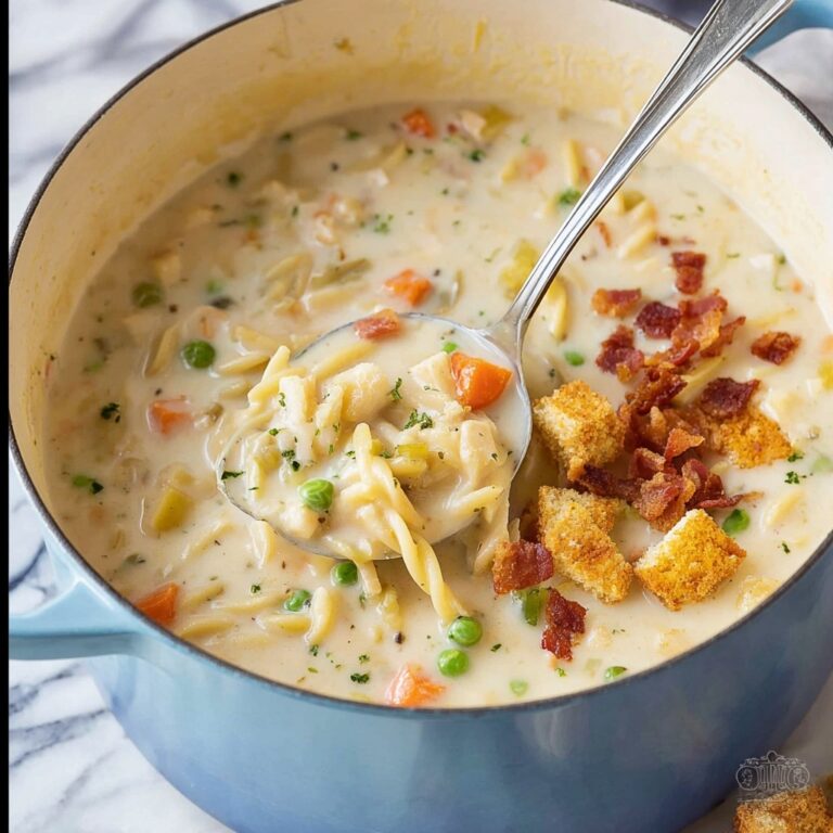 Creamy Chicken Noodle Soup with Bacon and Croutons Recipe