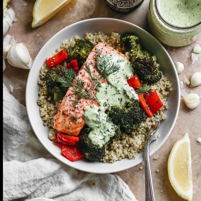 Salmon Quinoa Bowl with Roasted Veggies and Tahini Lemon Herb Sauce Recipe