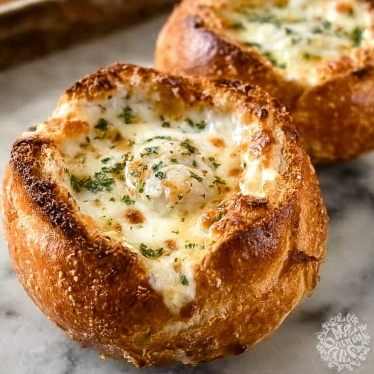 Creamy French Onion Soup Baked in Bread Bowls Recipe